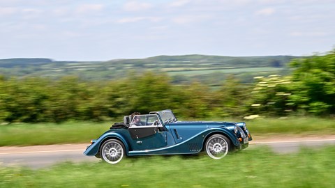 Morgan Plus Six review - side, blue, driving, exclusive Bauer image