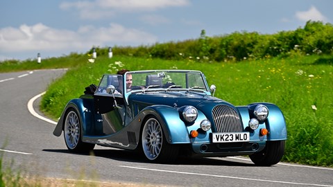 Morgan Plus Six review - front, blue, driving, exclusive Bauer image