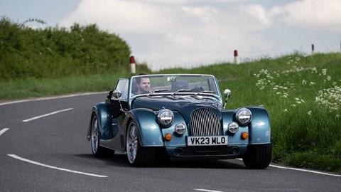 Morgan Plus Six review - front, blue, driving on Elton Bends, exclusive Bauer image
