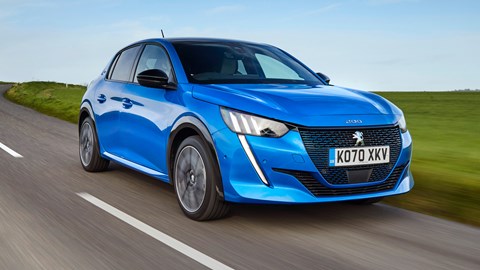 Peugeot e-208 electric car review - front view, driving, blue
