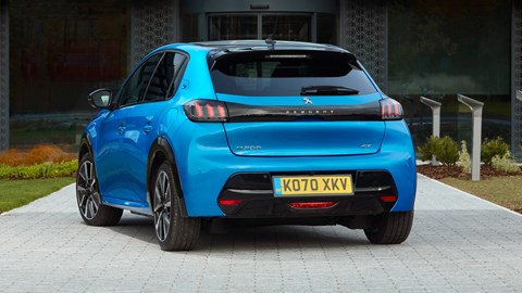 Peugeot e-208 review - rear view, blue