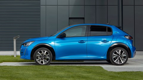 Peugeot e-208 review - side view, blue