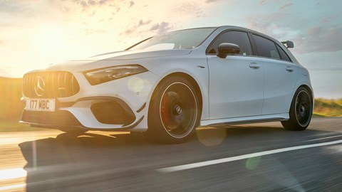 Mercedes-AMG A45 S review - facelift, front, driving, white