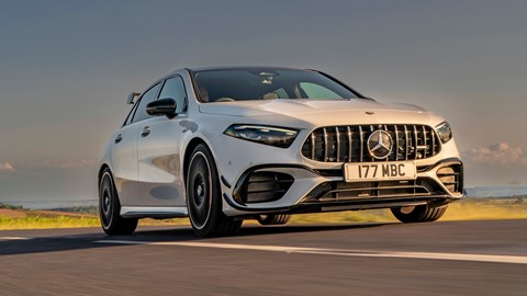 Mercedes-AMG A45 S review - facelift, front, driving, white, low