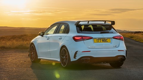 Mercedes-AMG A45 S review - facelift, rear, white, sunset