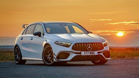 Mercedes-AMG A45 S review - facelift, front, white, sunset