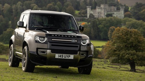 Gold 2021 Land Rover Defender 90 X P400 front three-quarter