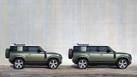 Green Land Rover Defender 90 and Defender 110 side elevation