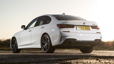 BMW 330e review - plug-in hybrid BMW, white, saloon, rear view