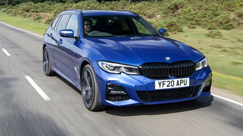 BMW 330e Touring review - plug-in hybrid BMW, blue, estate, front view, driving