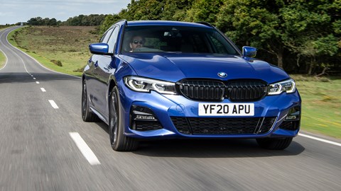 BMW 330e PHEV review on CAR magazine - front view, blue, driving