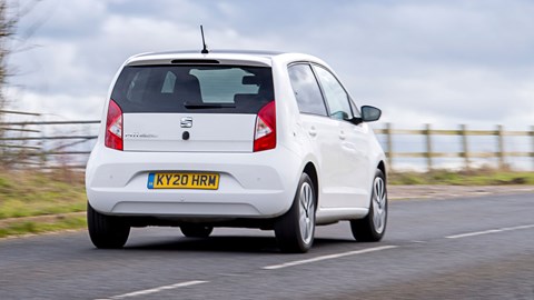Seat Mii electric review, rear view, driving, white