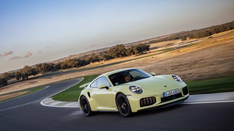 Porsche (992.2) 911 Turbo S front three-quarter driving