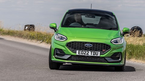 Ford Fiesta ST review - front, Mean Green, cornering hard