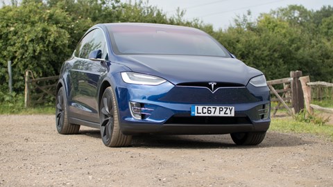 Angled front shot of blue Tesla Model X