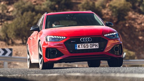 Audi RS4 review - pre-facelift, red, front, driving, low