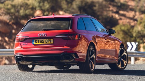 Audi RS4 review - pre-facelift, red, rear, driving round corner