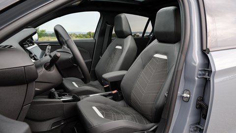 Vauxhall Corsa Electric (2023) review: front seats, black Alcantara upholstery