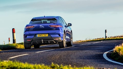 Jaguar i-Pace review - rear, blue, driving, round corner