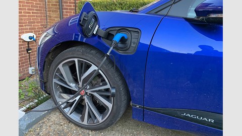 Jaguar i-Pace review - blue, CAR long-termer, plugged in to charge