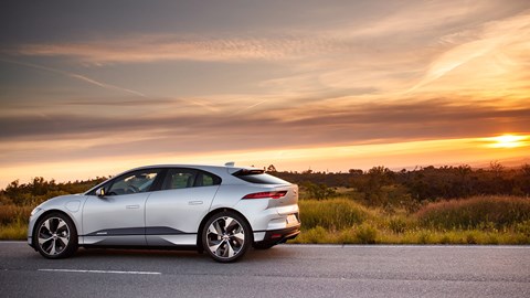 Jaguar i-Pace review - silver, rear side, sunset
