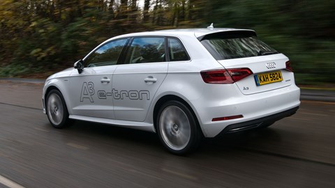 Audi A3 Sportback e-Tron review - rear side view, driving, white