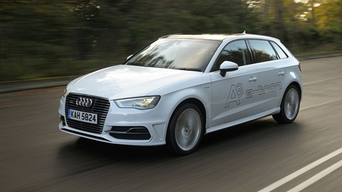 Audi A3 Sportback e-Tron review - front view, driving, white