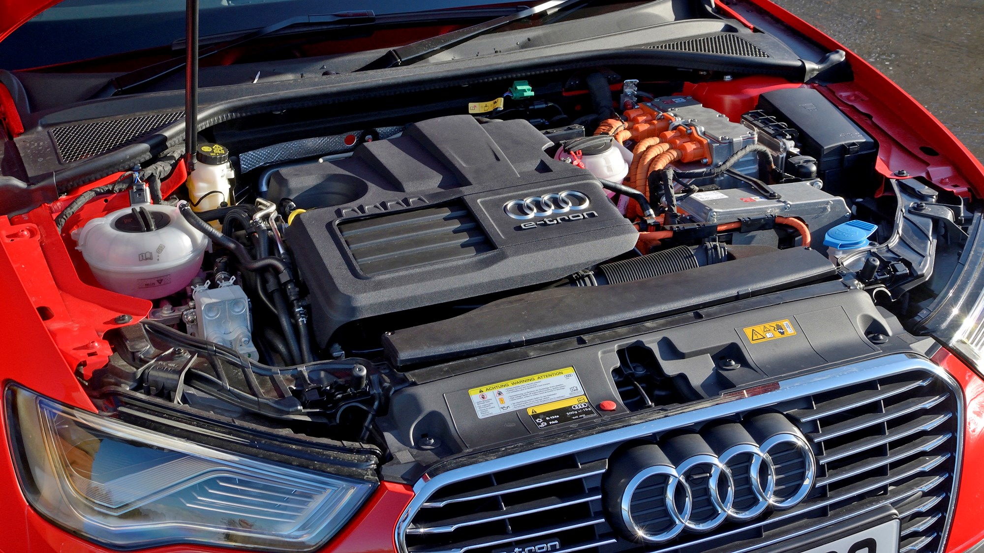 Red 2014 Audi A3 Sportback e-Tron engine bay