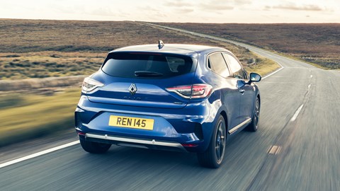 Renault Clio (2023) review: rear three quarter driving, British roads, blue paint