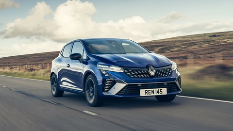 Renault Clio (2023) review: front three quarter driving, British roads, blue paint