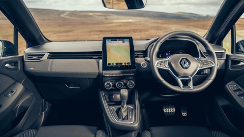 Renault Clio (2023) review: dashboard and infotainment system, black and grey upholstery