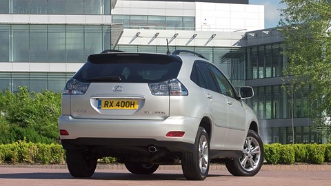 Lexus RX400h hybrid SUV review - rear view, silver