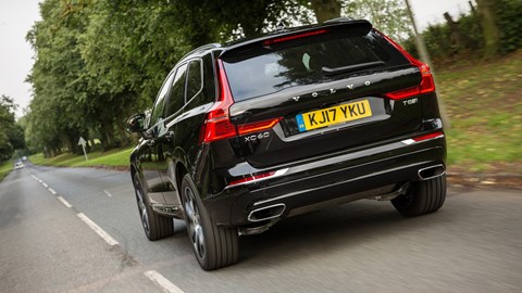 Volvo XC60 hybrid review - T8 Twin Engine plug-in driven, rear view, black, driving, 2020
