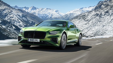 Bentley Continental GT Speed plug-in hybrid - front, green, driving on mountain road