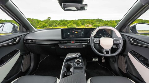 Kia EV6 facelift review: dashboard and infotainment system, black and white leather upholstery