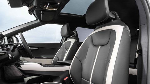 Kia EV6 facelift review: front seats, black and white leather upholstery