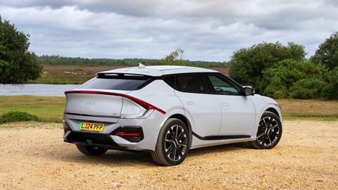 Kia EV6 facelift review: rear three quarter static, grey paint