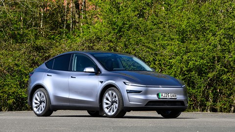 Tesla Model Y (2025) review: front three quarter static, silver paint