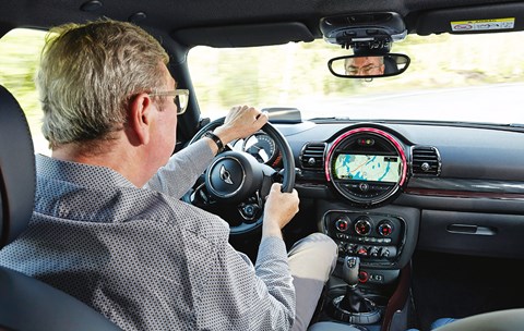 Georg studiously ignores the Clubman’s cockpit ritz