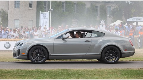 Riding back down the Goodwood hill in the Bentley Continental Supersports. Smoke caused by Jag's XFR Bonneville racer doing burn-outs ahead of us