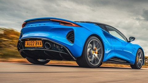 Lotus Emira review, rear view, low, driving