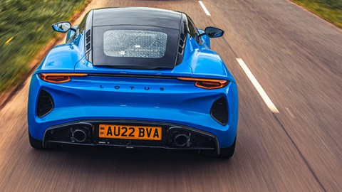Lotus Emira review, rear view, high, driving