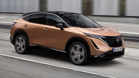 Nissan Ariya electric SUV review, side view, driving