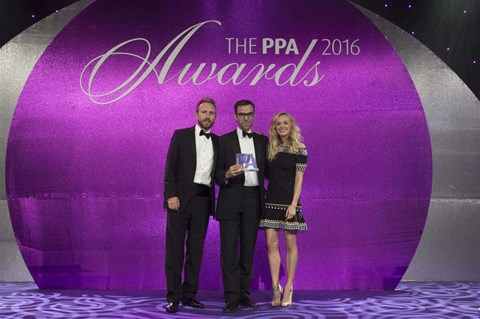 CAR digital editor-in-chief Tim Pollard collecting the PPA award from broadcaster Fearne Cotton (right)