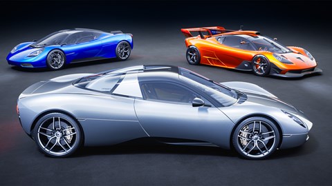 Gordon Murray Automotive supercars: T.50 (blue), T.50s (orange) and T.33 (silver)