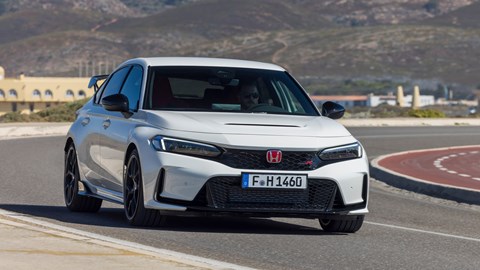 Honda Civic Type R review - front view, driving on road, Championship White