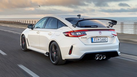 Honda Civic Type R review - rear view, driving on road, Championship White
