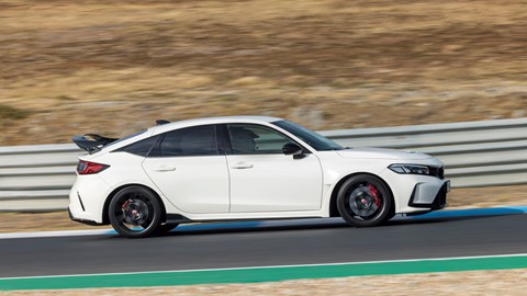 Honda Civic Type R review - side view, driving on track, Championship White