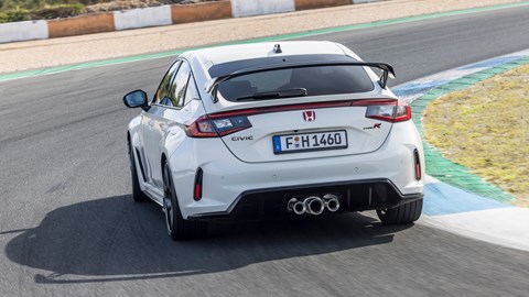Honda Civic Type R review - rear view, driving on track, Championship White
