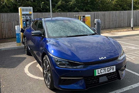 Blue Kia EV6 recharging
